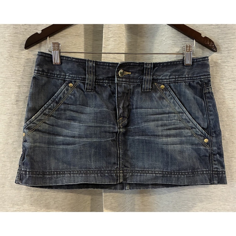 X2 Denim Micro Mini Skirt Sz 4 Dark Wash Embroidered Pockets Y2K Festival